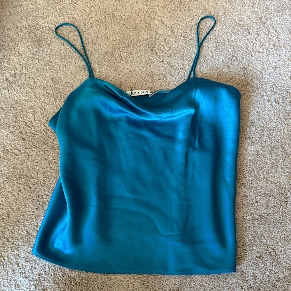 Alice & Olivia- NWT Teal Blue Silk Draped Thin Strap Tank Top - Picture 3 of 4